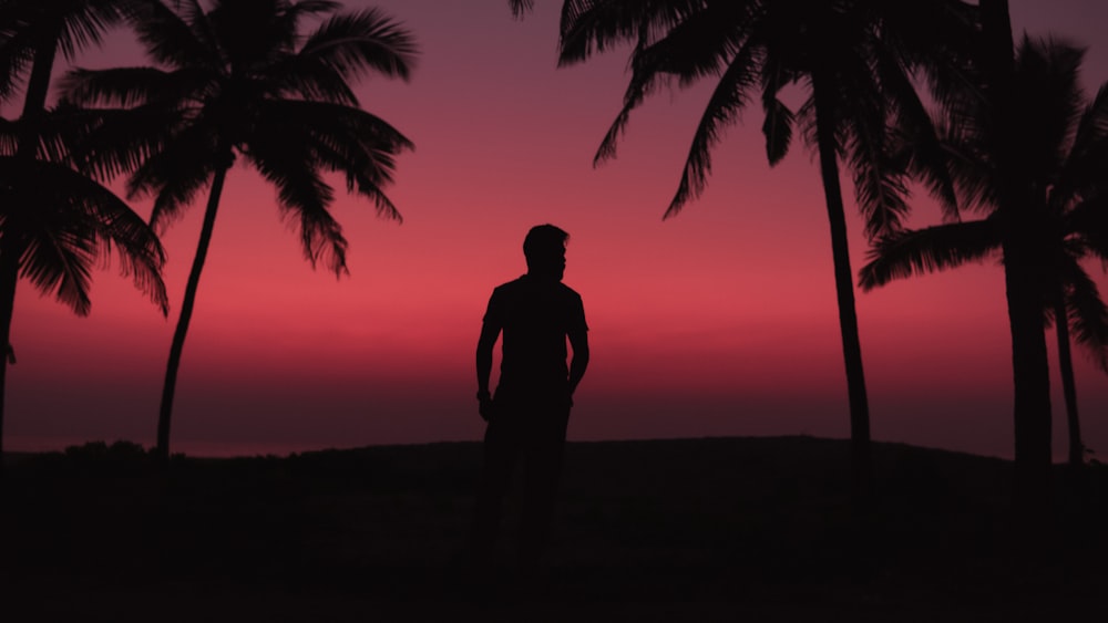 a man standing in front of palm trees at sunset