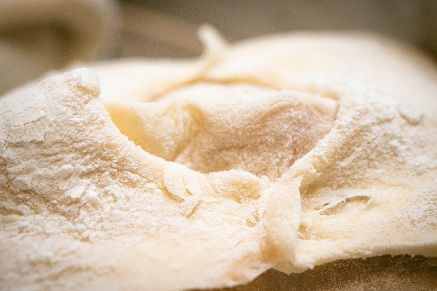 A slack sheet of floured dough being folded over on itself on the bench