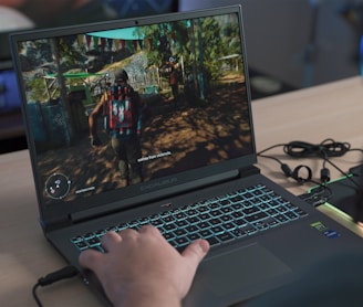 a person playing a video game on a laptop