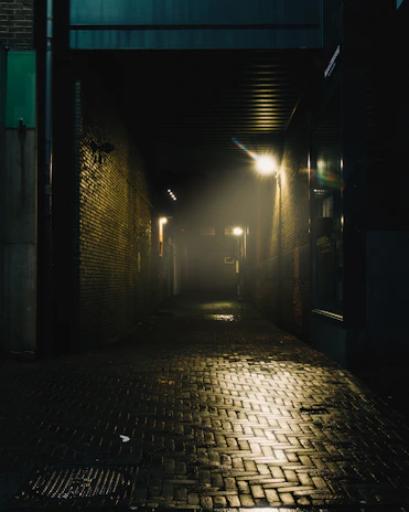 A melancholic alley at night, wet from rain, with faint neon reflections and drifting fog.
