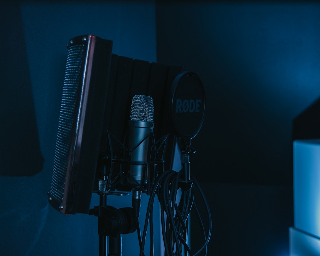 a microphone and a microphone stand in a dark room, A Røde Microphone on a stand in music studio