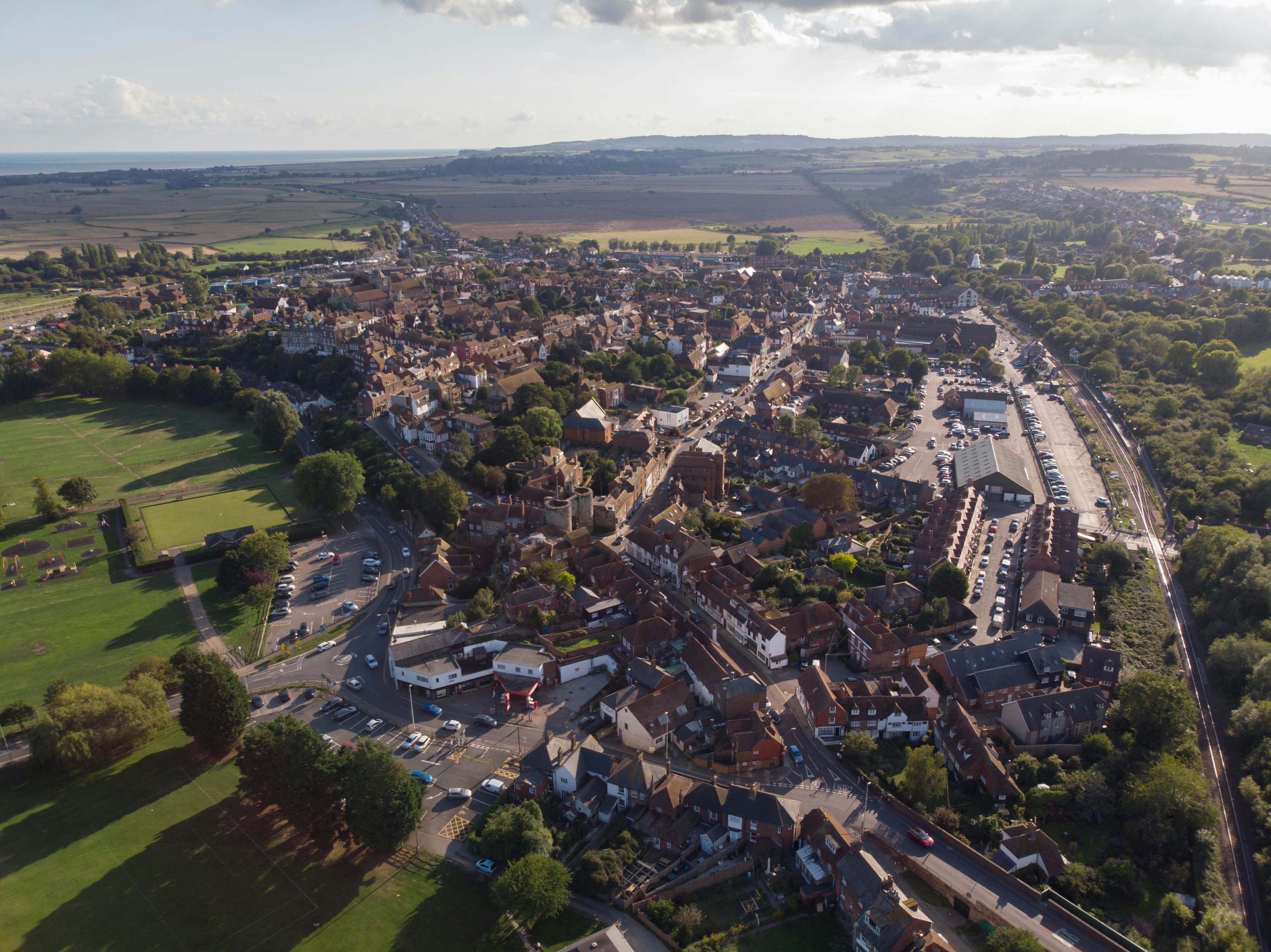 an aerial view of a city with a river running through it, Aerial view of Rye town, East Sussex, UK