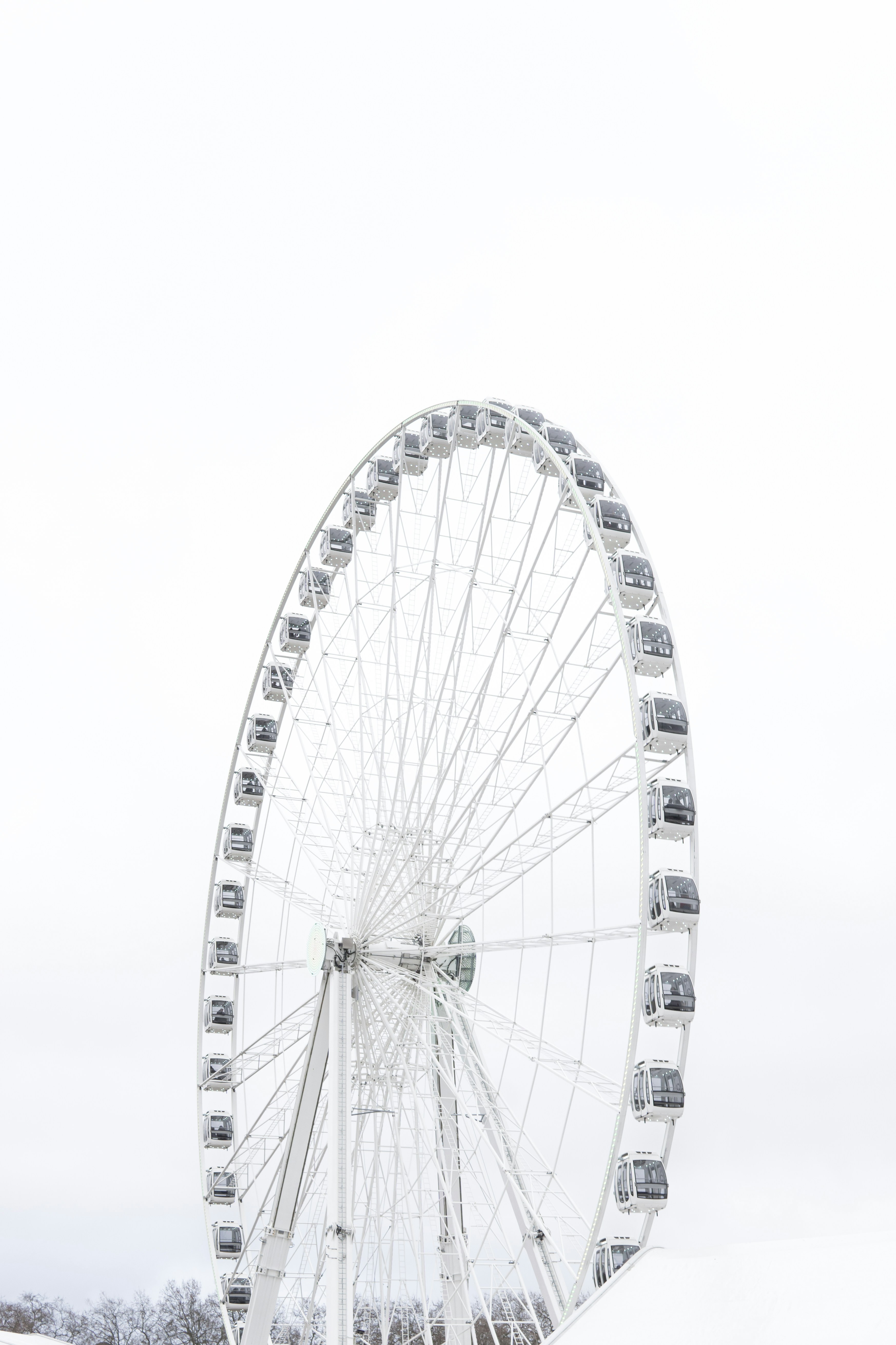 눈 덮인 들판 한가운데에 앉아 있는 대형 관람차