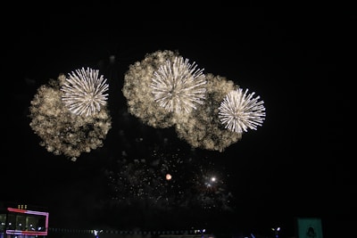 Bright and colorful fireworks exploding in a night sky. The pyrotechnic display features several large bursts that illuminate the darkness. Below, faint outlines of structures are visible, suggesting an outdoor event or celebration.
