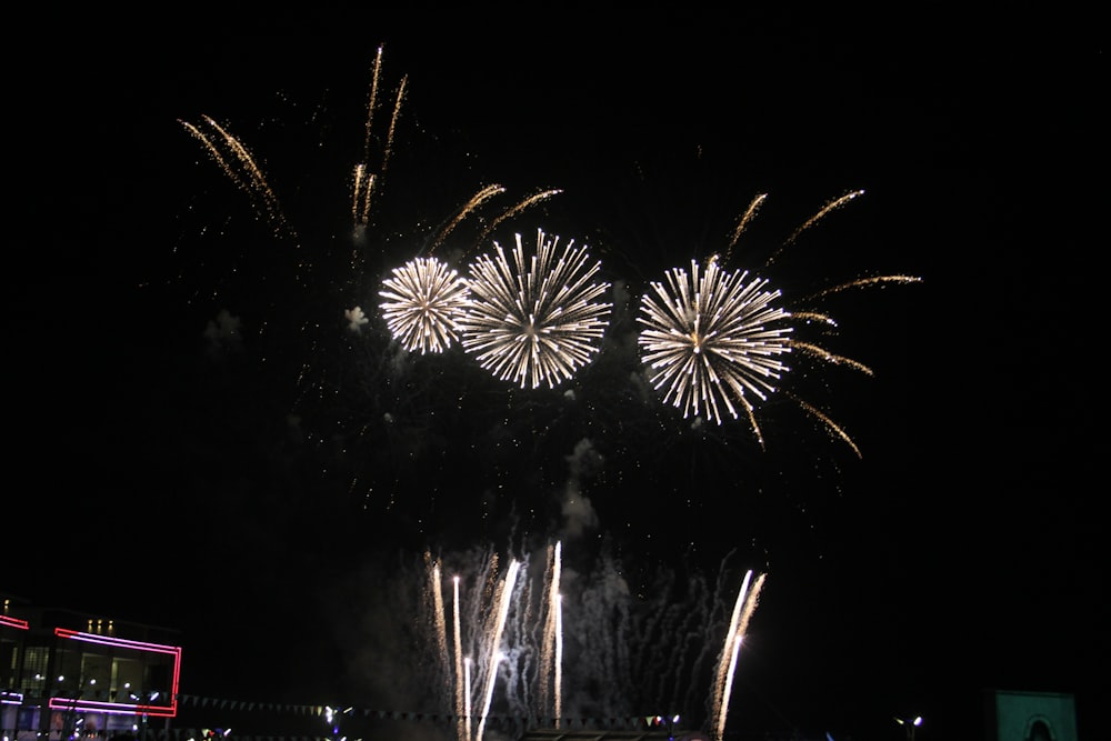 fireworks are lit up in the night sky