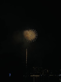 Golden fire shots exploding in the night, casting warm light on happy faces below.