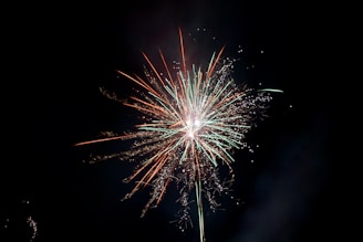Bright fireworks with green and red streaks burst against a dark night sky, creating a vivid display of color and light.