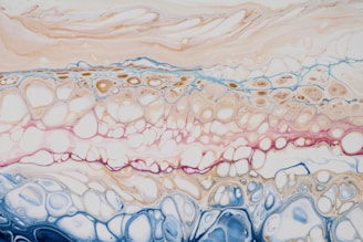 an abstract painting with blue, pink, and white colors