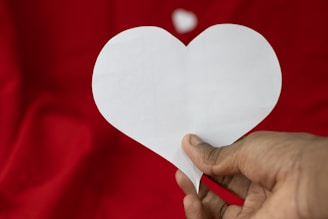a person holding a paper heart in front of a red background