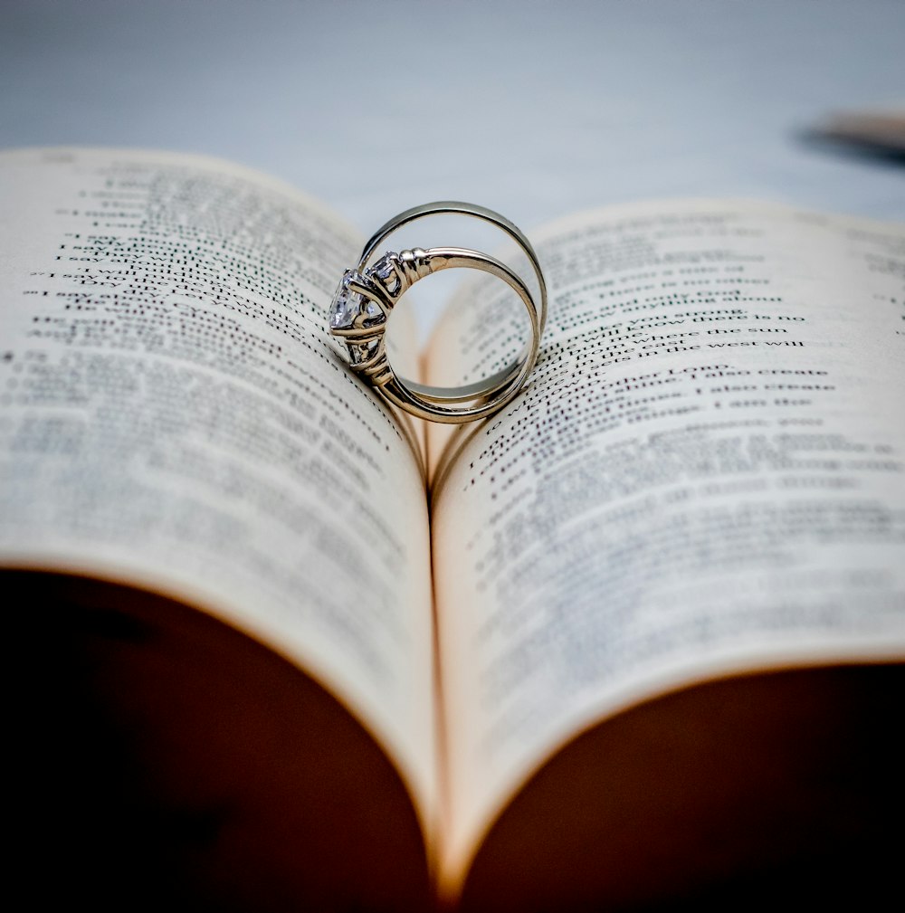 a wedding ring sitting on top of an open book
