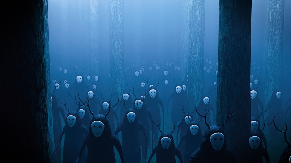 a group of creepy people standing in a forest
