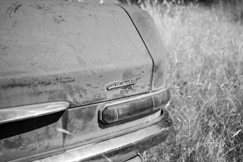 A close-up view of the rear end of an old, rusted car with the badge 'automatic' visible. The car is parked in a grassy, overgrown field, suggesting neglect and abandonment. The image is in black and white, emphasizing the textures and decay of the vehicle.