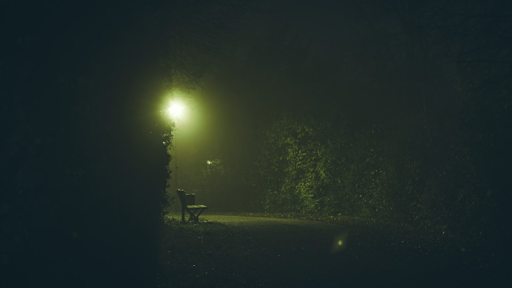 a park bench sitting under a street light at night