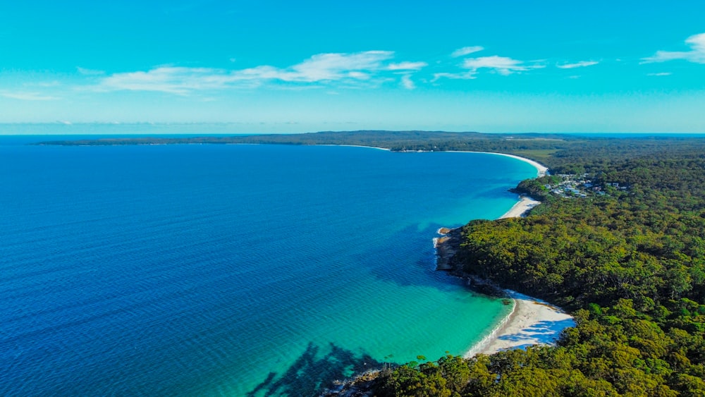 an aerial view of a beach and a body of water