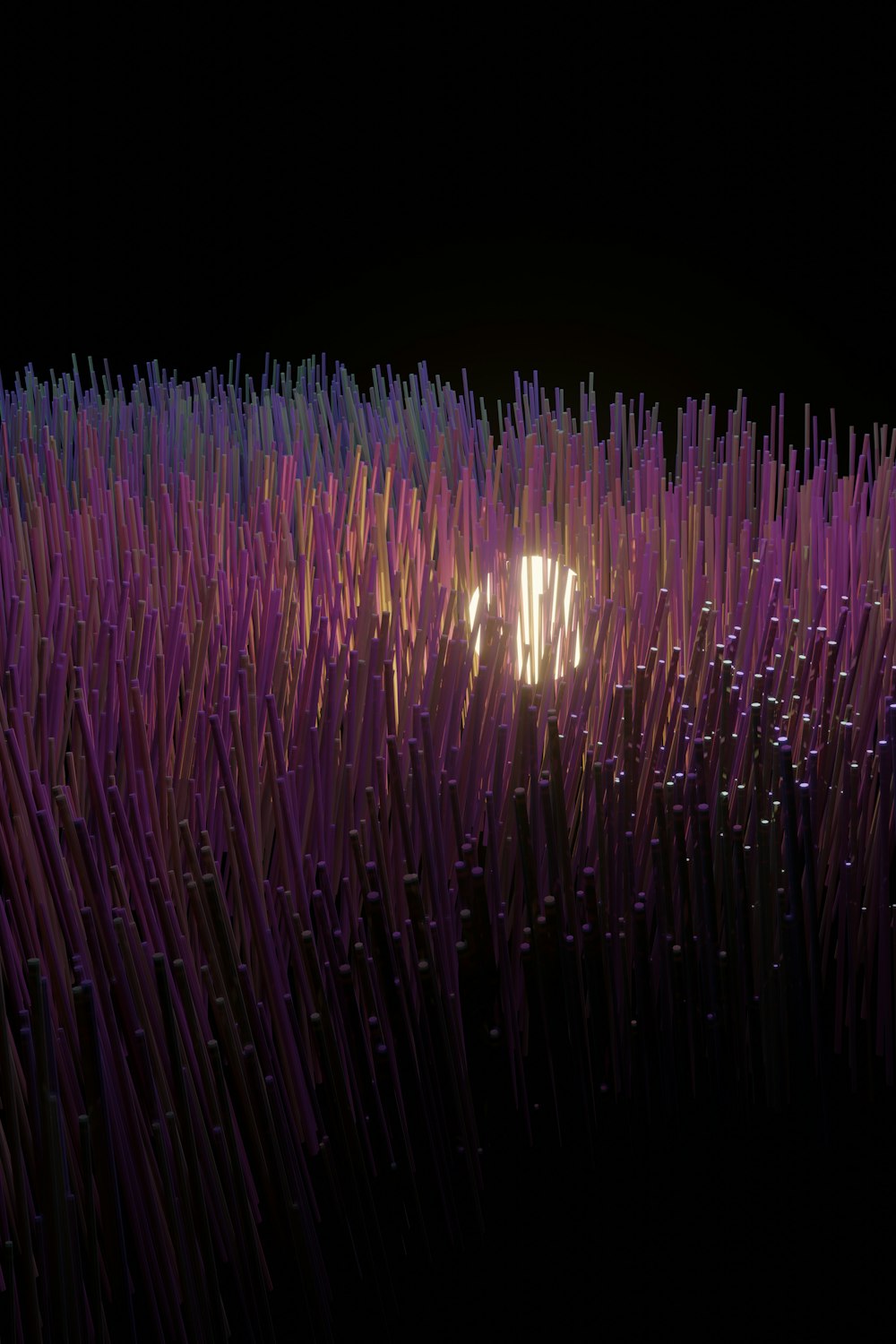 a field of purple grass with a light in the middle of it
