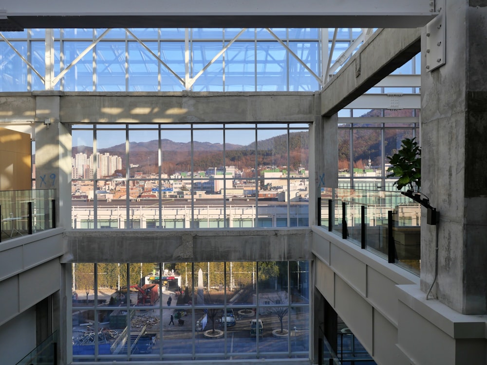 a view of a city from inside a building