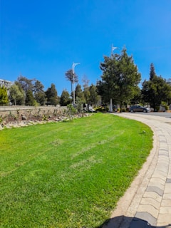 Well-maintained park area near residential homes with walking paths and greenery.