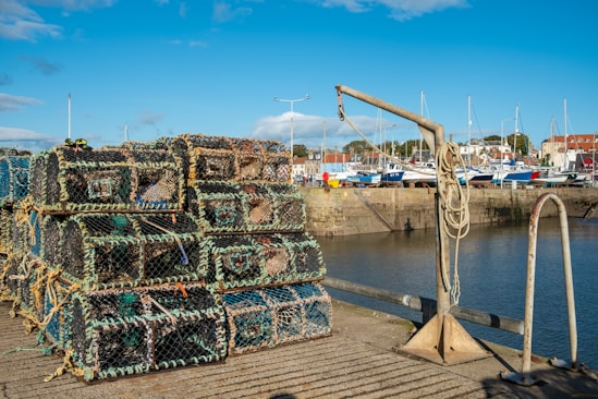 a pile of lobster traps sitting on top of a dock