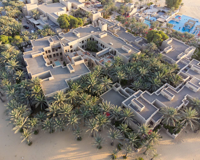 Aerial view of a beachfront community lined with palm trees