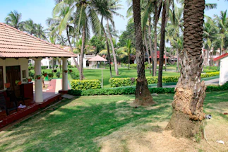 A friendly team member discussing landscaping plans with a homeowner in a lush tropical garden.