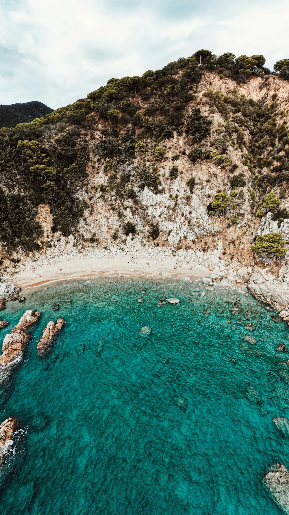 Una vista aérea de una playa con agua azul clara