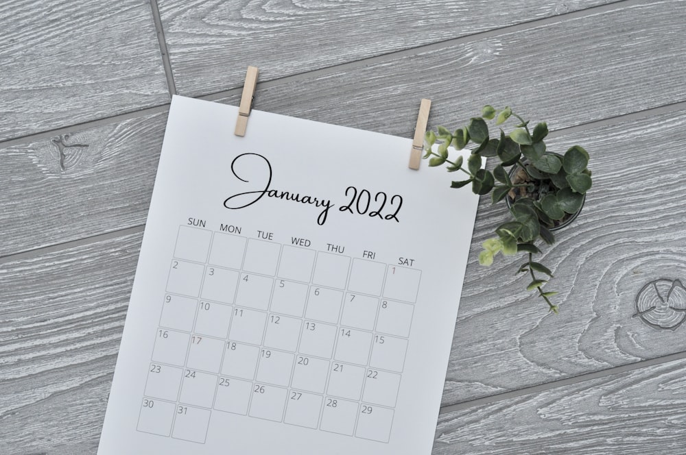 a calendar with a plant on a wooden table