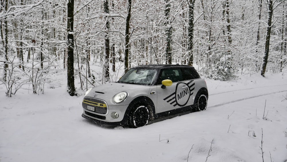 um pequeno carro dirigindo através de uma floresta coberta de neve