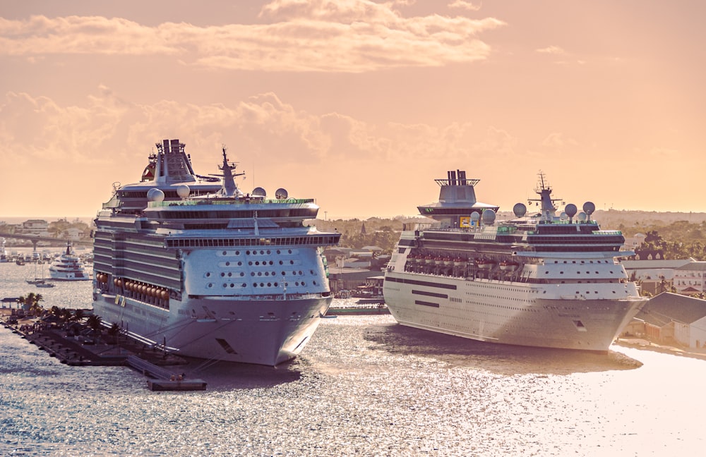 two cruise ships are docked in the water