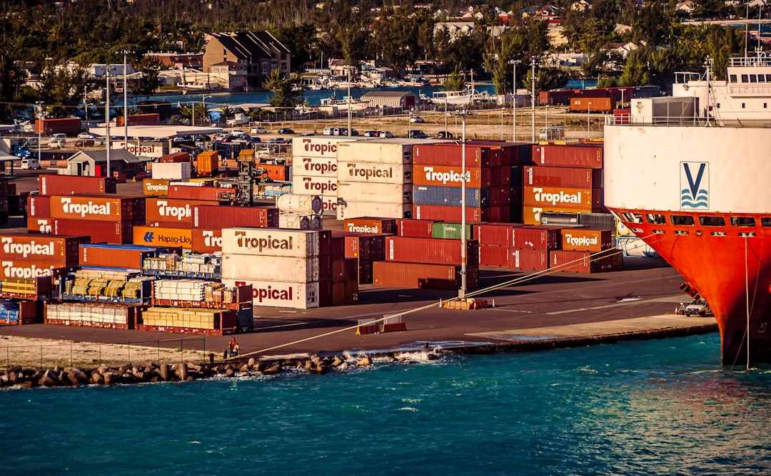 a large cargo ship docked in a harbor, Cargo containers waiting to be loaded.