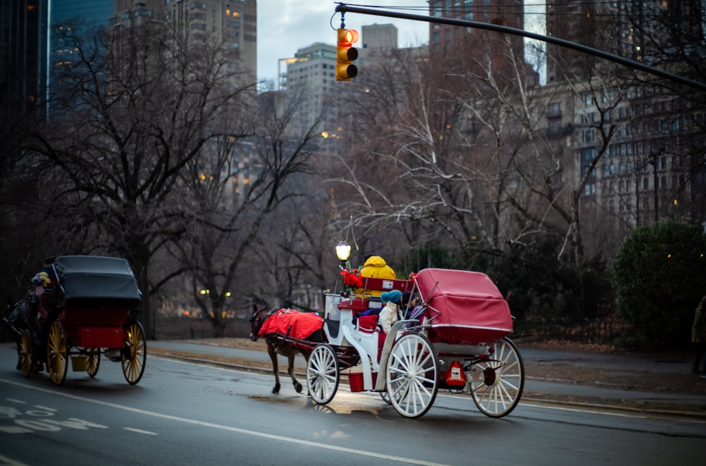 a horse drawn carriage on a city street