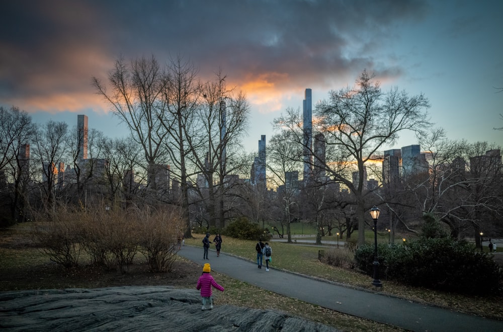 a group of people walking on a path in a park