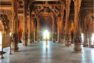 a person is walking through a large building