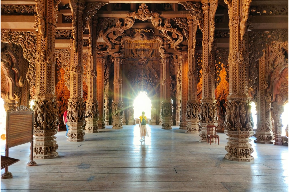 a person is walking through a large building