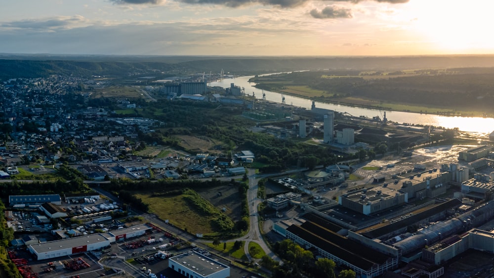 an aerial view of a city with a river running through it