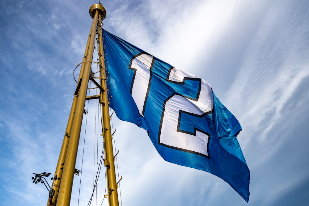 a blue and white flag with the number twenty five on it