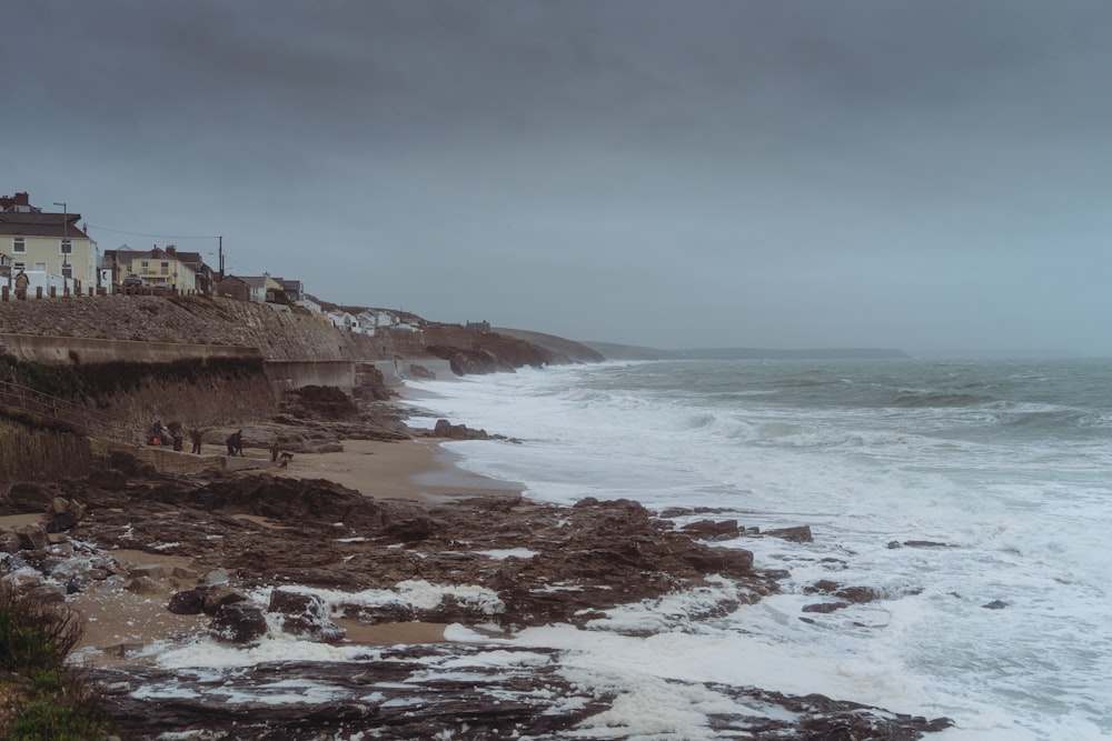 a group of people standing on top of a beach next to the ocean