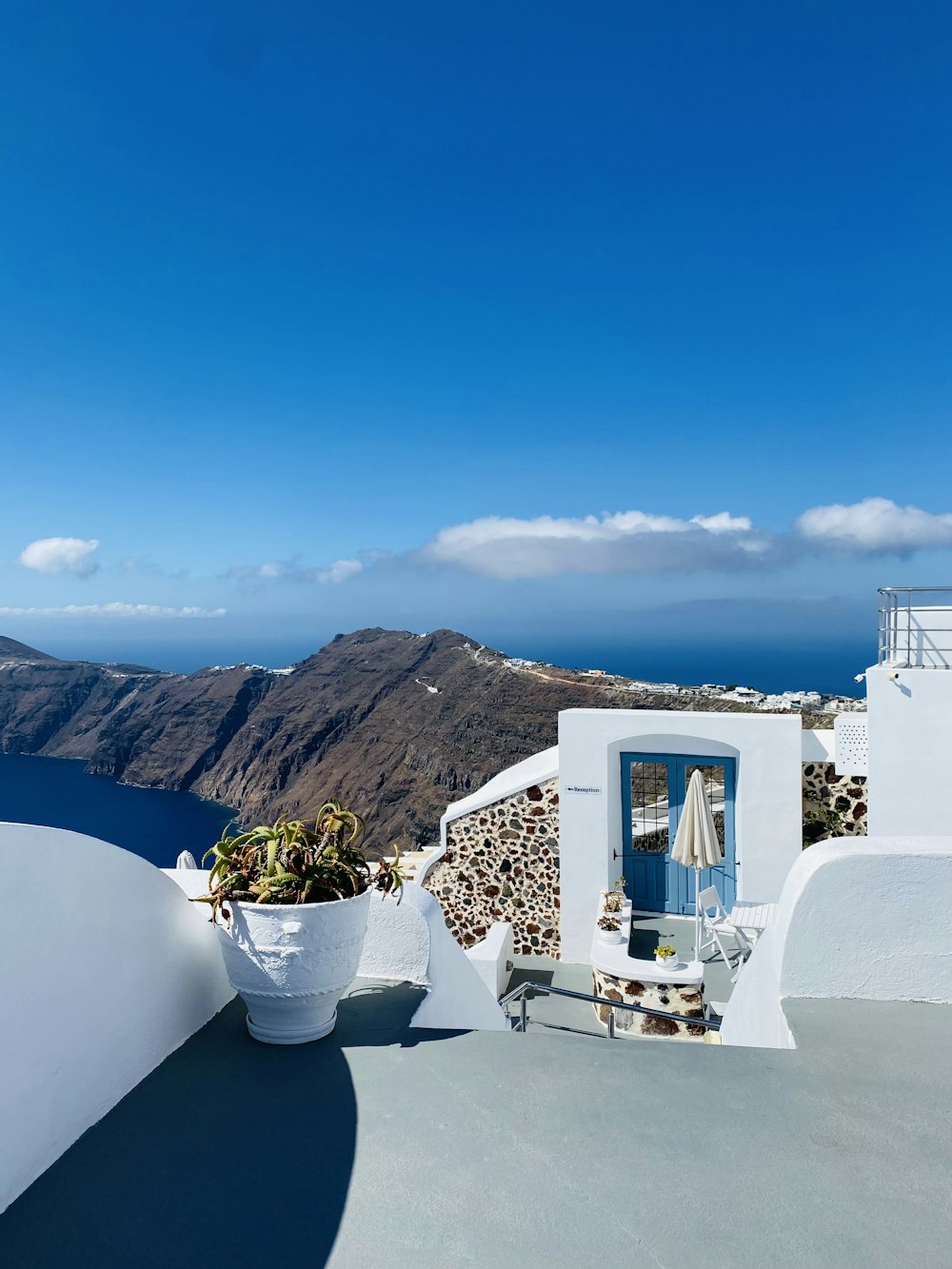 a white building with a potted plant on top of it