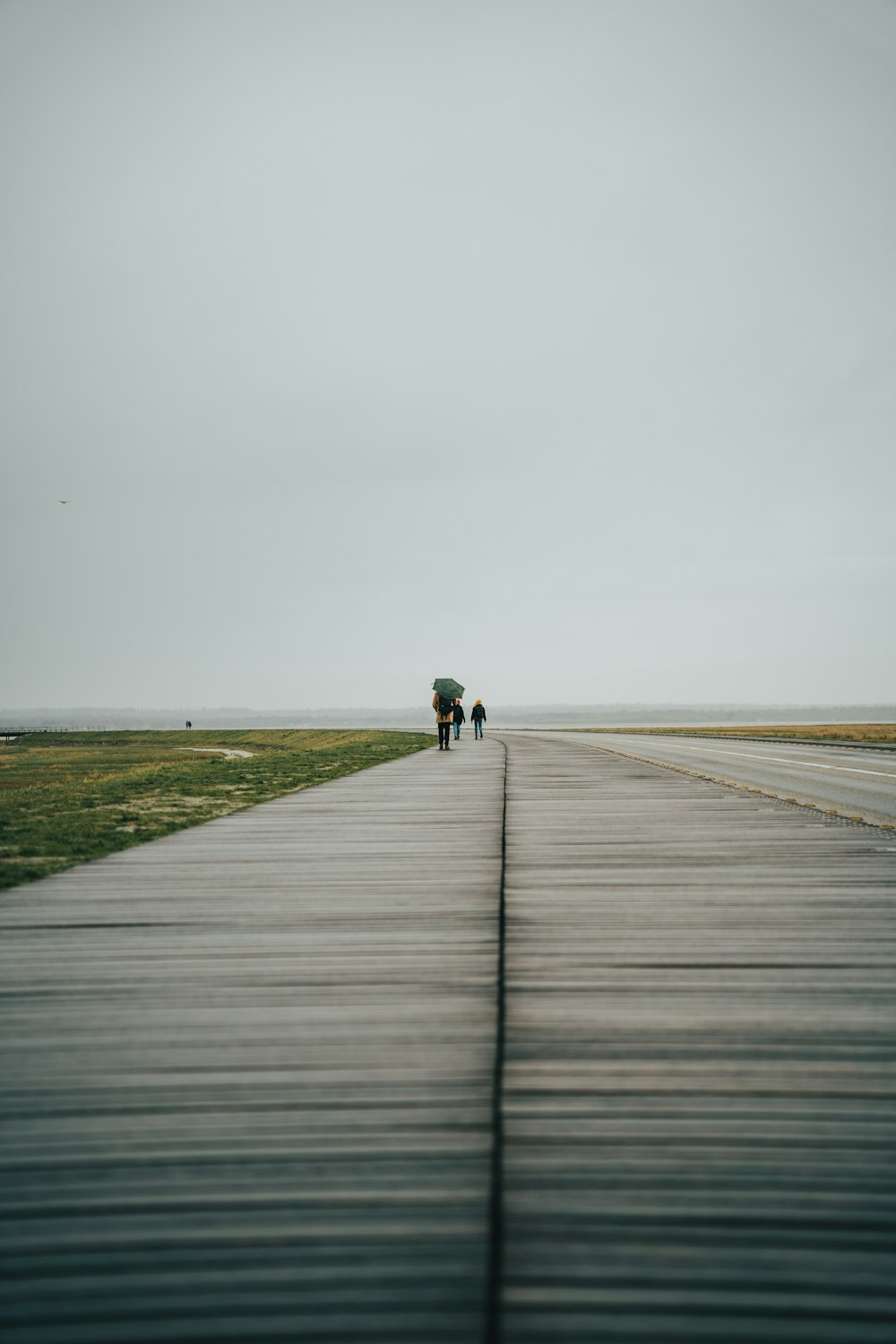 a couple of people walking down a wooden walkway