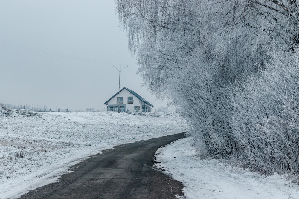 a house in the middle of a snowy field