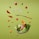 Floating food items including cherry tomatoes, almonds, cashews, slices of red bell pepper, cheese cubes, lettuce, and ham. A fork is levitating among these ingredients. The letters spelling 'DIET' are arranged with small tiles like a game. The background is a solid light green color.