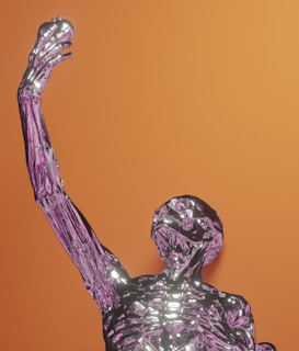 A futuristic, metallic humanoid figure with a shiny, reflective surface, rendered in a skeletal form. It is posed with one arm raised, holding an apple-like object. The background is a solid orange, creating a contrast with the purple and silver tones of the figure.