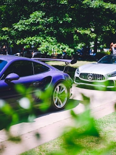 Two high-performance sports cars are parked on a sunny day. The foreground features a purple car with a prominent rear spoiler, while a silver car is partially visible in the background. Lush green trees and scattered people create a vibrant, outdoor setting. The image captures a sense of luxury and speed.