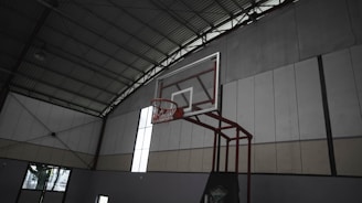 An indoor basketball court with a high ceiling and metal beams. A basketball hoop with a backboard is mounted on a sturdy frame. The walls and ceiling have a muted industrial look, with panels and large windows allowing some natural light.