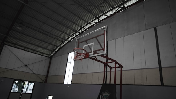 An indoor basketball court with a high ceiling and metal beams. A basketball hoop with a backboard is mounted on a sturdy frame. The walls and ceiling have a muted industrial look, with panels and large windows allowing some natural light.