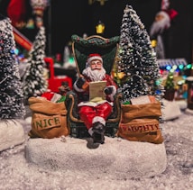 A festive scene featuring a Santa Claus figurine sitting on a green throne-like chair. Santa is holding a list, with bags labeled 'NICE' and 'NAUGHTY' on either side, surrounded by snow and miniature pine trees.