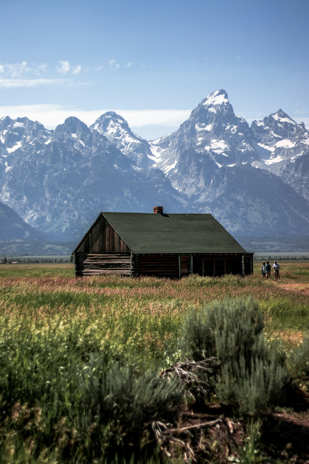 a barn in a field with mountains in the background