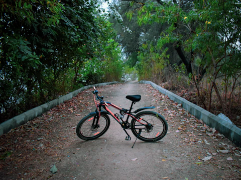 Mountain bike resting beside a small rustic pousada in a quiet Brazilian village.
