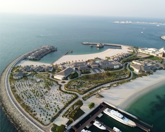 an aerial view of a resort and marina