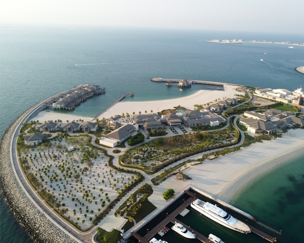 an aerial view of a resort and marina