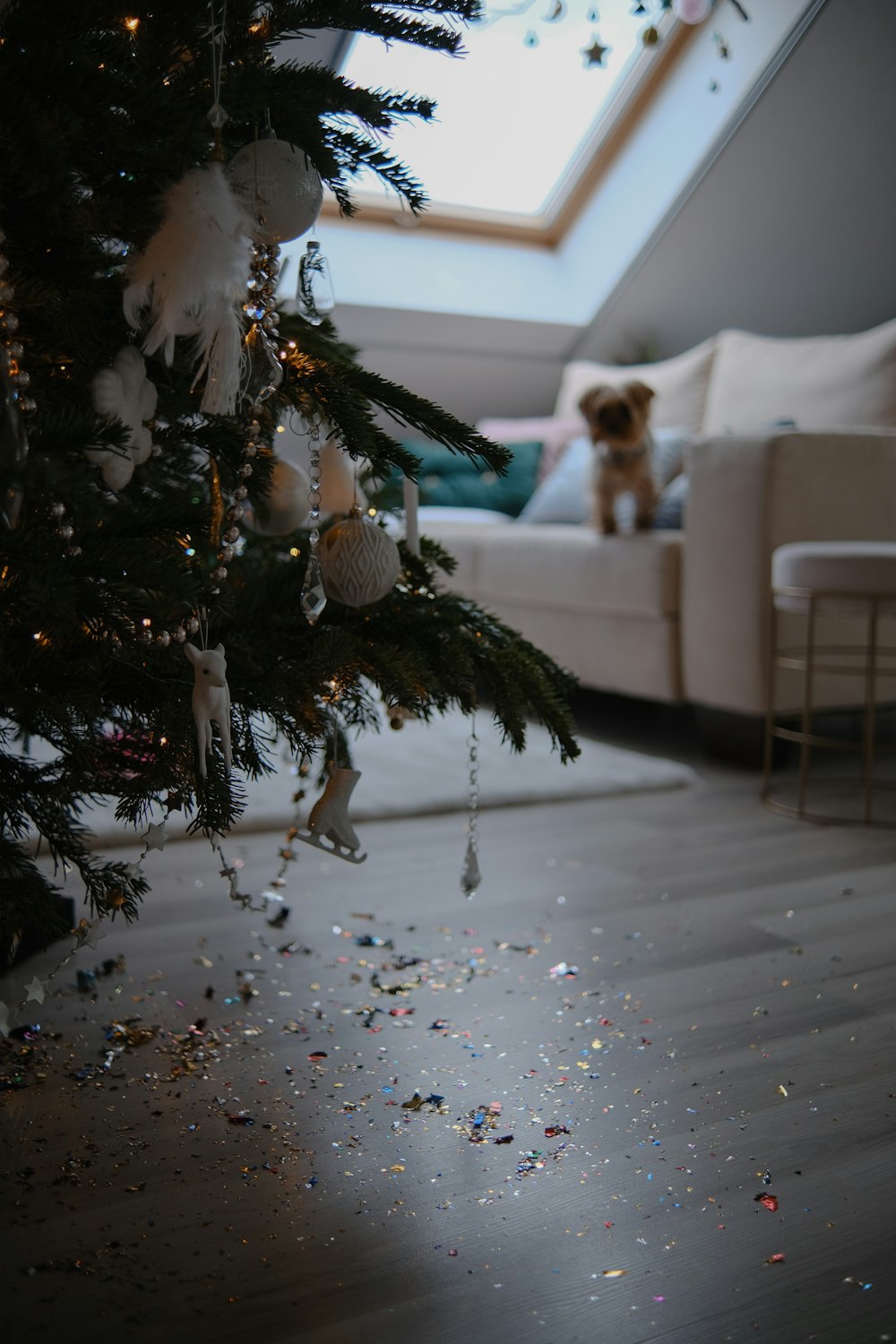 a dog sitting on a couch next to a christmas tree